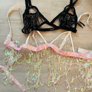 Set of two: iHeartRaves Pink Sequin Fringe and Black studded Bra Set